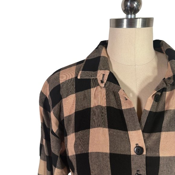 vintage 90s buffalo plaid rayon button shirt M black tan blouse top USA vtg - Picture 3 of 10